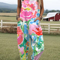 Women's  Vintage Flower Art Print Casual 100% Cotton Wide Leg Jumpsuit