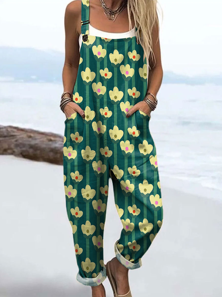 Women's Abstract Cute Flower Art Print Casual 100% Cotton Wide Leg Jumpsuit