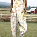 Women's Art Flower Bee Print Casual 100% Cotton Wide Leg Jumpsuit