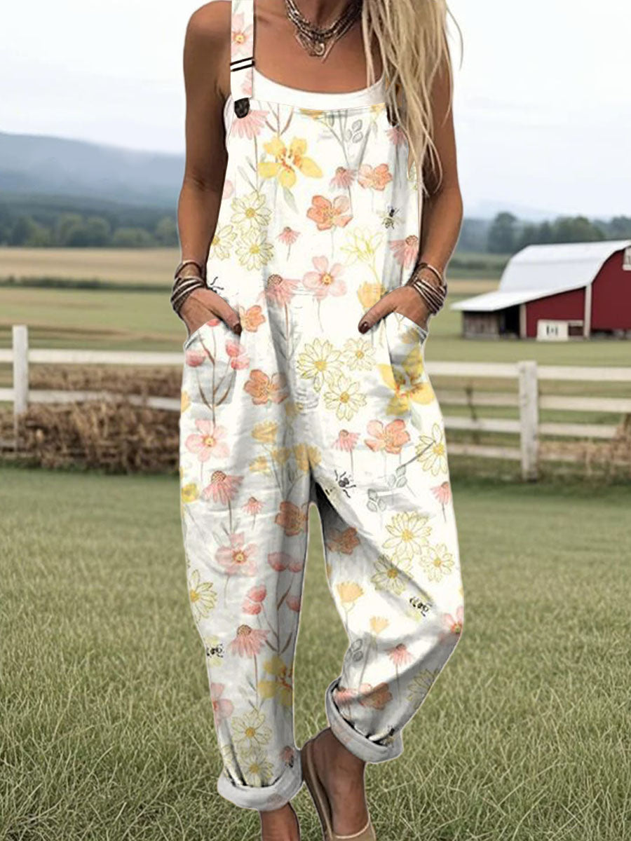 Women's Art Flower Bee Print Casual 100% Cotton Wide Leg Jumpsuit