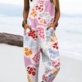 Women's Vintage Flower Art Print Casual 100% Cotton Wide Leg Jumpsuit