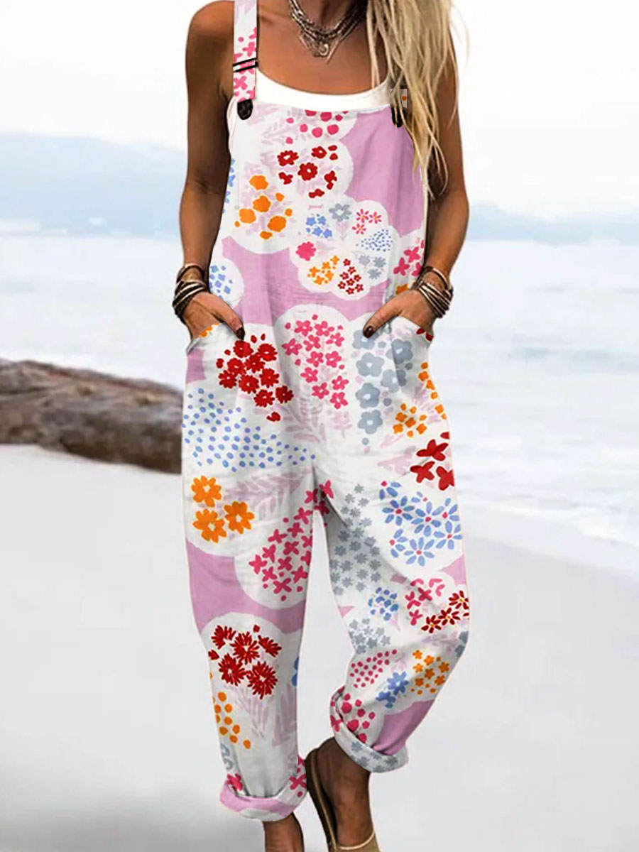 Women's Vintage Flower Art Print Casual 100% Cotton Wide Leg Jumpsuit