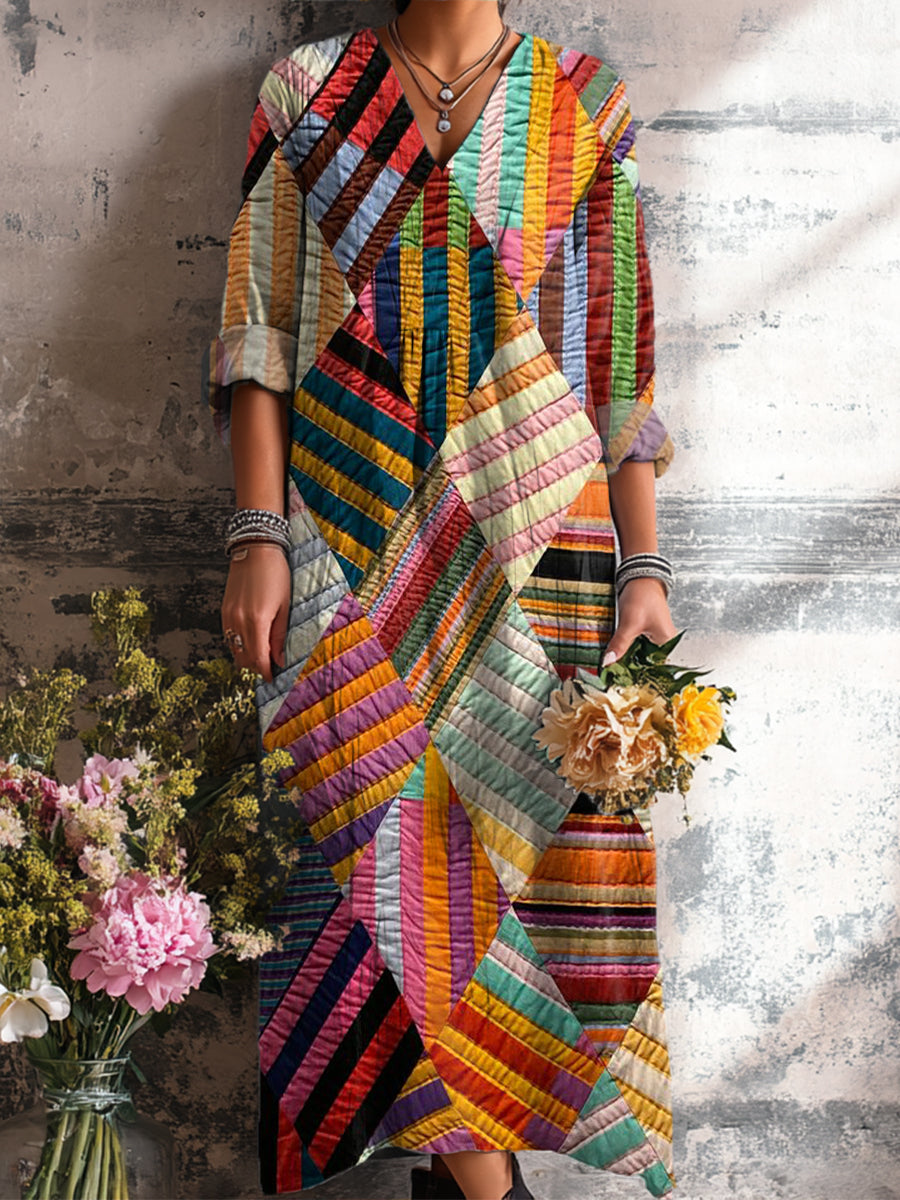 Women's Vintage Colorful Rhombus Geometric Painting Art Print Dress