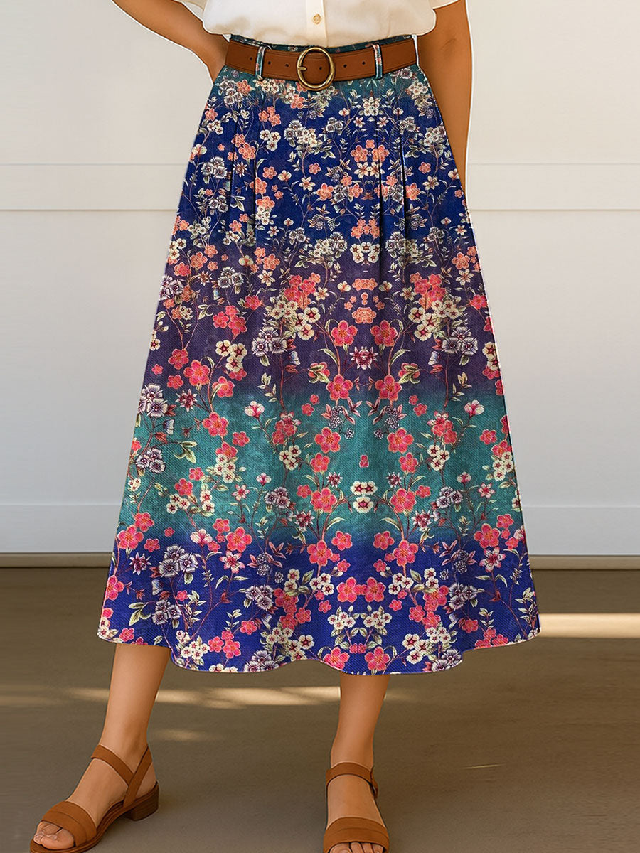 Women's Retro Flowers Floral Pattern Print High Waist Casual A-Line Skirt