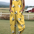 Women's Lovely Bees Art Print Casual 100% Cotton Wide Leg Jumpsuit