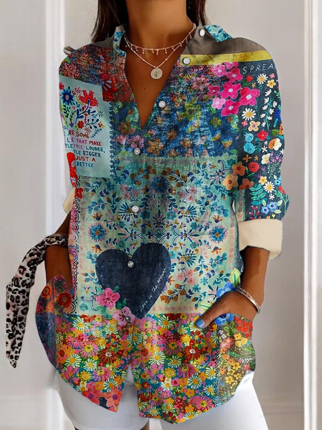 V Neck Long Sleeve Geometric Regular Micro-Elasticity Regular Fit Shirt For Women