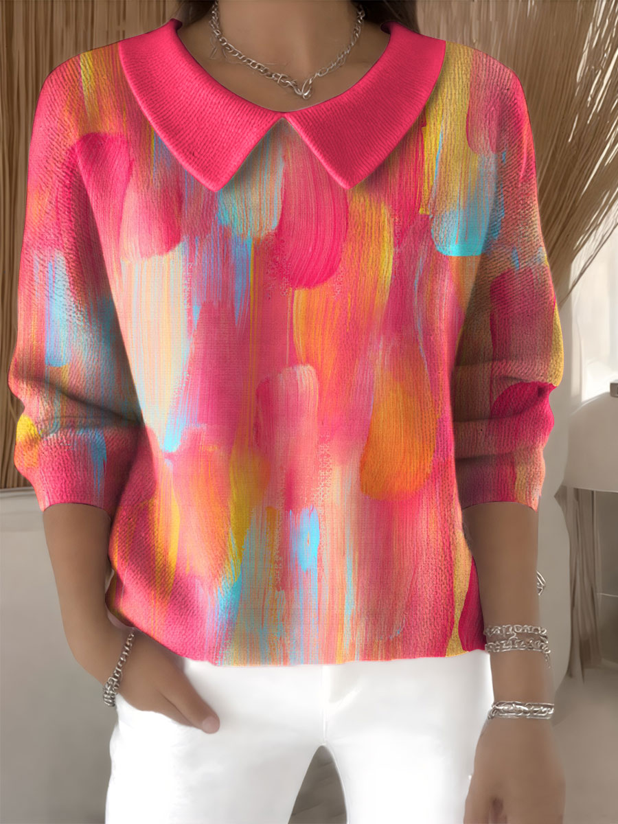 Women's Color Blending Pattern Print Casual Print Peter Pan Collar 3/4 Sleeve Sweater