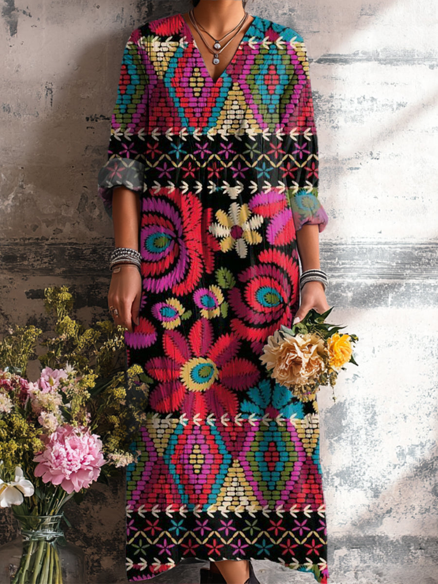 Women's Vintage Ethnic Floral Geometric Stripe Pattern Art Print Dress