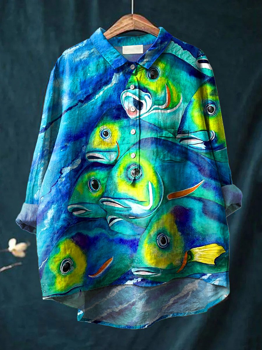 Watercolor Fish Migration Art Printed Women's Casual Cotton And Linen Shirt
