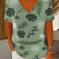 Women's Christmas Graphic Print V-Neck Short Sleeve Casual Loose Pullover Sweater