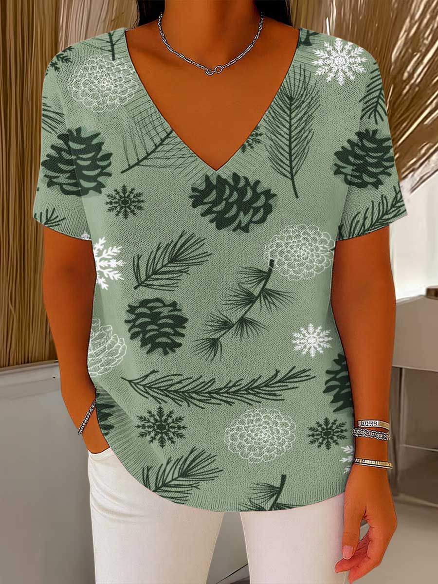 Women's Christmas Graphic Print V-Neck Short Sleeve Casual Loose Pullover Sweater