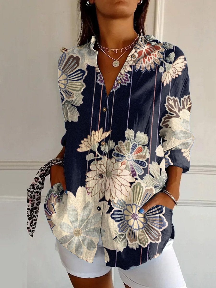 Japanese Traditional Style Floral Art Printed Women's Casual Cotton Shirt