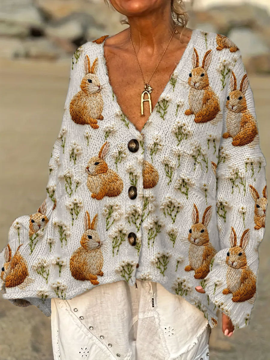 womens-vintage-rabbit-flower-art-print-casual-pullover-sweater