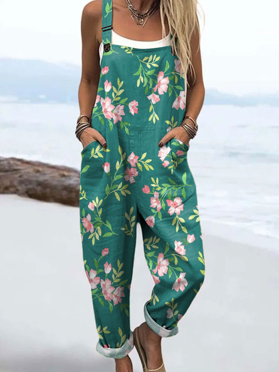 Women's Vintage Flower Art Print Casual 100% Cotton Wide Leg Jumpsuit