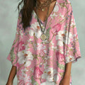 Women's Vintage Flower Art Print V-neck Loose Shirt