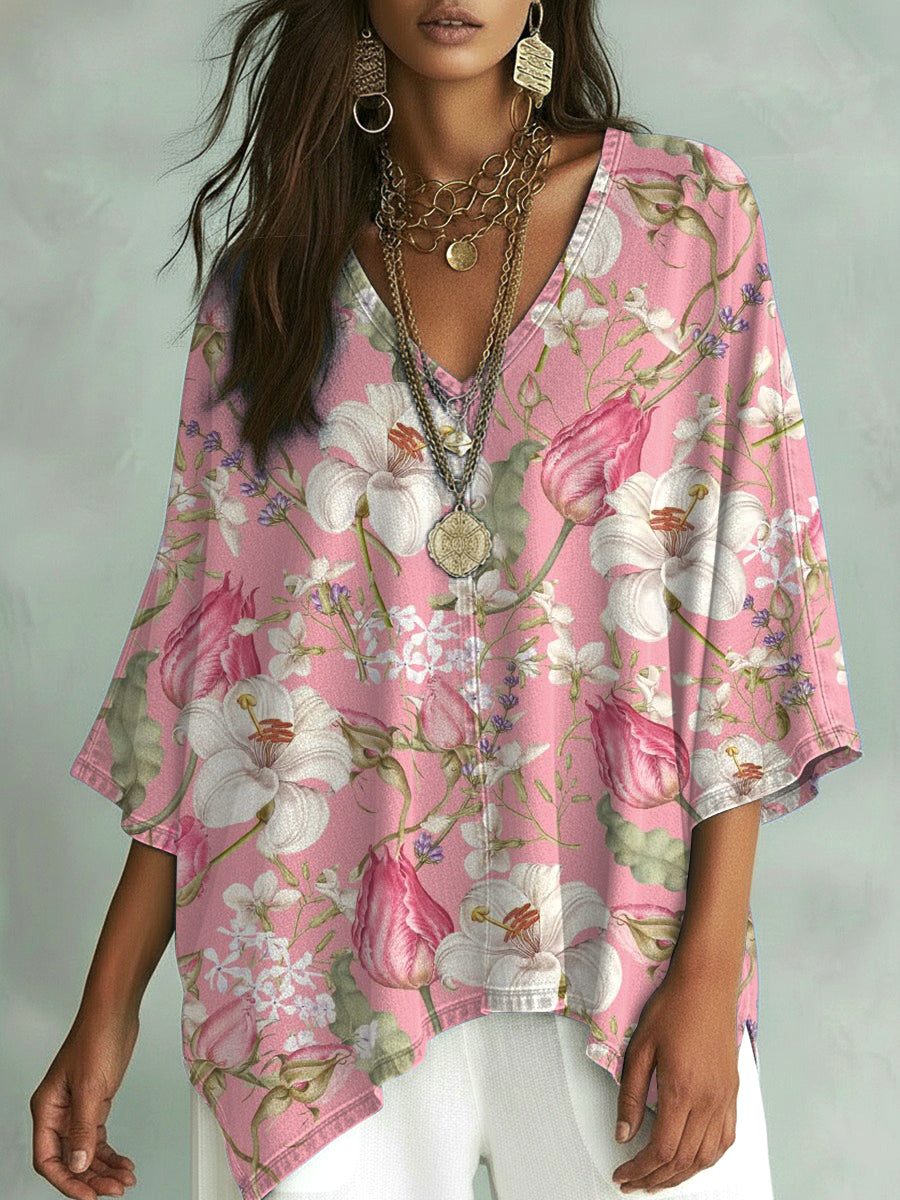 Women's Vintage Flower Art Print V-neck Loose Shirt
