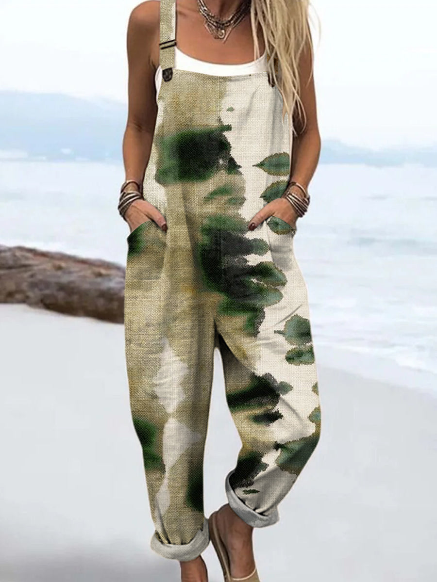 Women's Abstract Watercolor Color Painting Art Print Casual 100% Cotton Wide Leg Jumpsuit