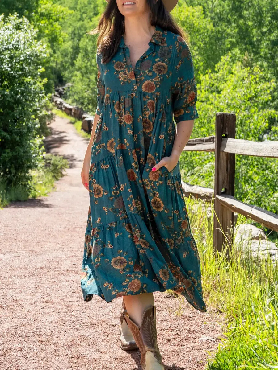 Women's Vintage Floral Art Print Casual Cotton Dress