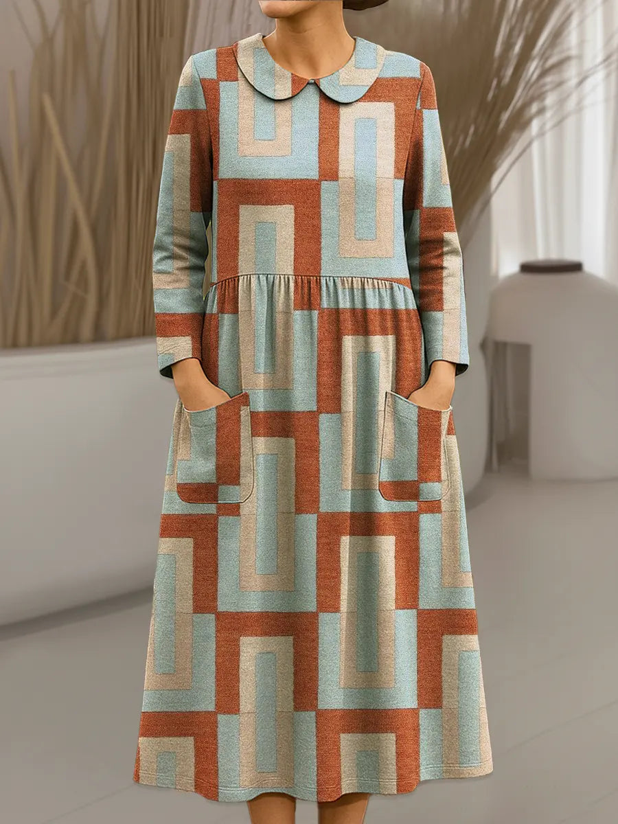 Women's Vintage Abstract Geometry Pattern Art Print Cotton Lapel Shirt Dress