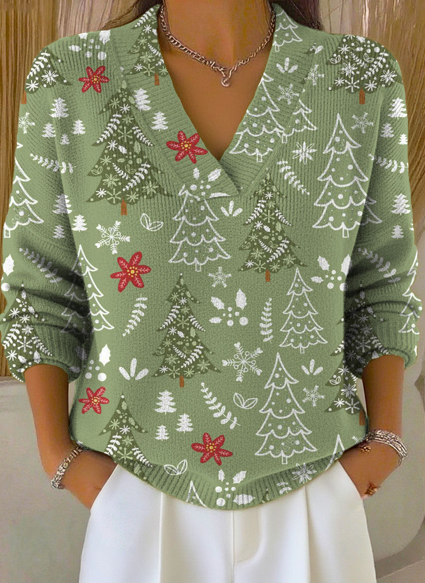 Women's Christmas Tree Art Print Buttoned Cardigan Sweater