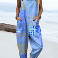 Women's Fashion Color Block Line Art Print Casual 100% Cotton Wide Leg Jumpsuit