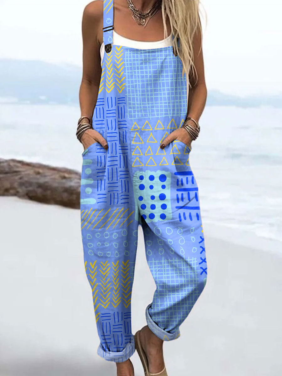 Women's Fashion Color Block Line Art Print Casual 100% Cotton Wide Leg Jumpsuit