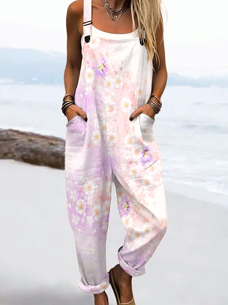 Women's Vintage Flower Art Print Casual 100% Cotton Wide Leg Jumpsuit