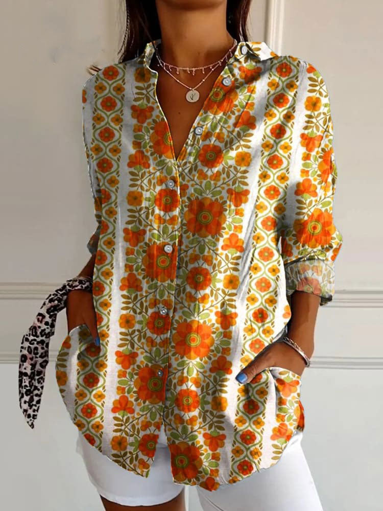 Women's Flower Art Print Casual Cotton Shirt