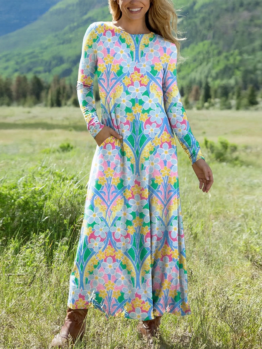 Women's Beautiful Abstract Ethnic Floral Painting Art Print Long-sleeved V-neck Dress