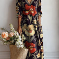 Women's Vintage Flower Art Print Linen Pocket Dress