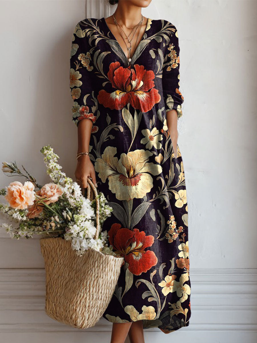Women's Vintage Flower Art Print Linen Pocket Dress
