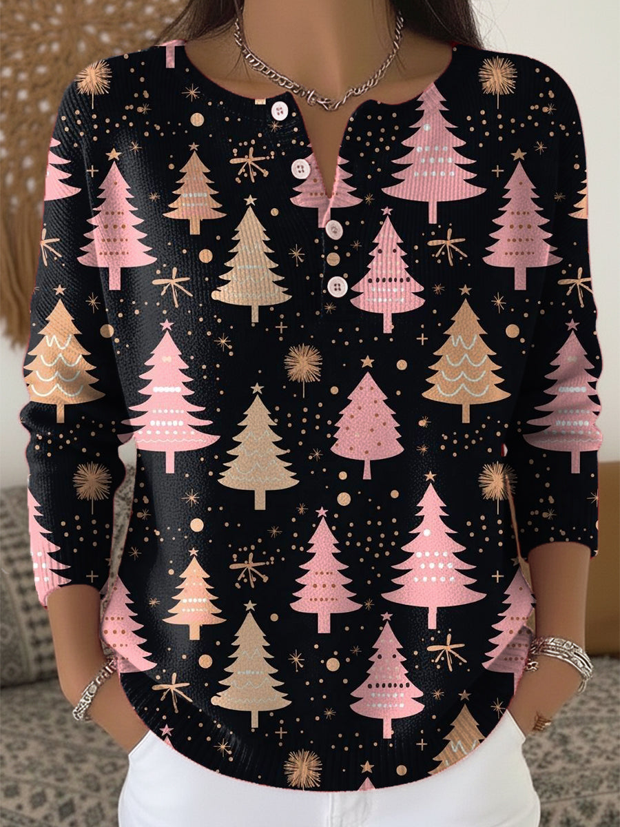 Vintage Winter Christmas Tree Painting Art Print Buttoned Cardigan Sweater