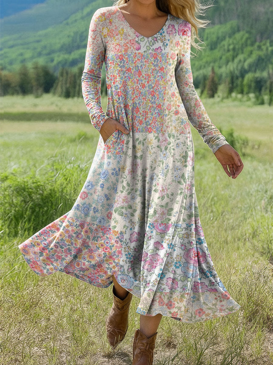 Women's Splicing Floral Print Art Print Long-sleeved Dress