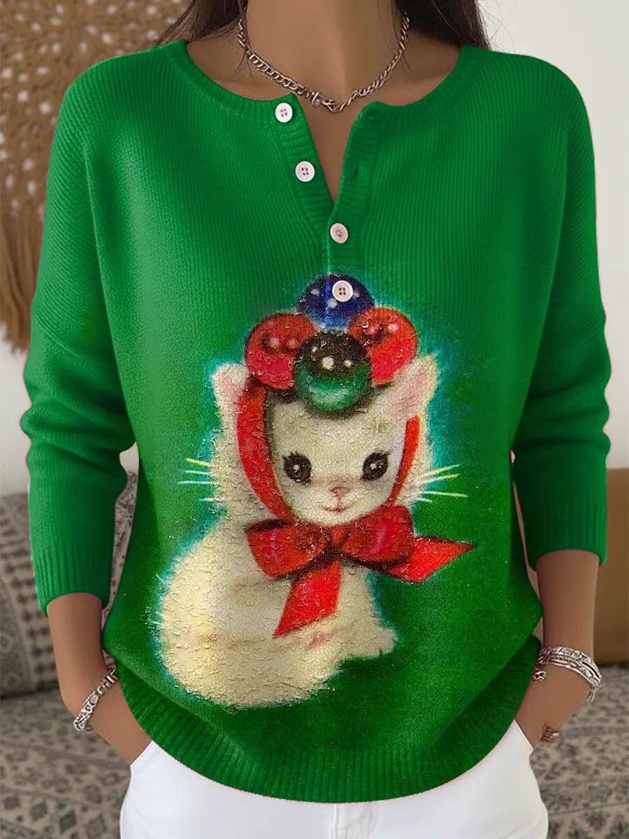 Women's Christmas Cat Art Print Buttoned Cardigan Sweater