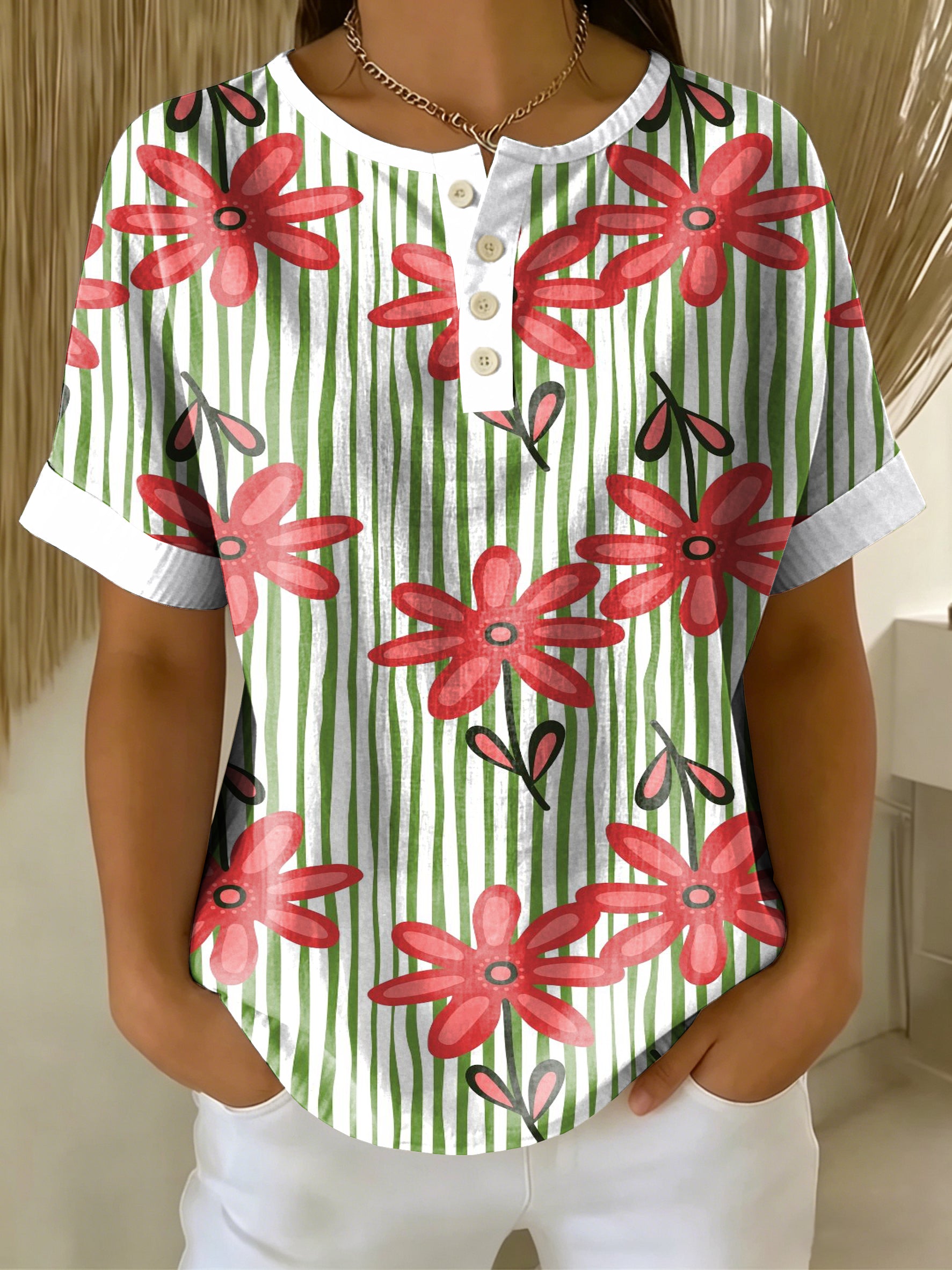 Retro Color-block Patchwork Print Loose-fit Cotton-linen Short-sleeve Shirt