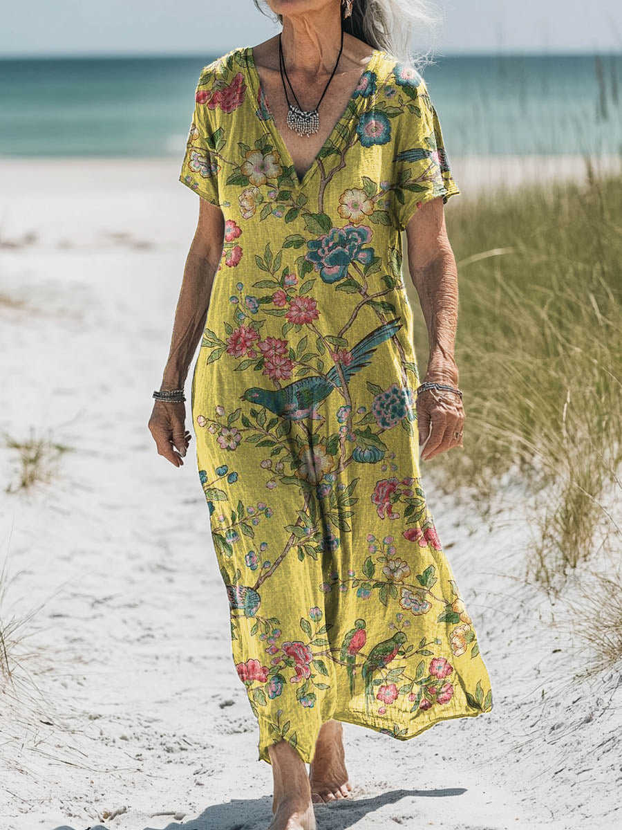 Women's Vintage Floral Bird Art Print Pocket Cotton Dress