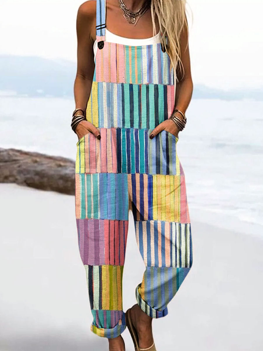 Women's Vintage Abstract Geometric Line Art Print Casual 100% Cotton Wide Leg Jumpsuit