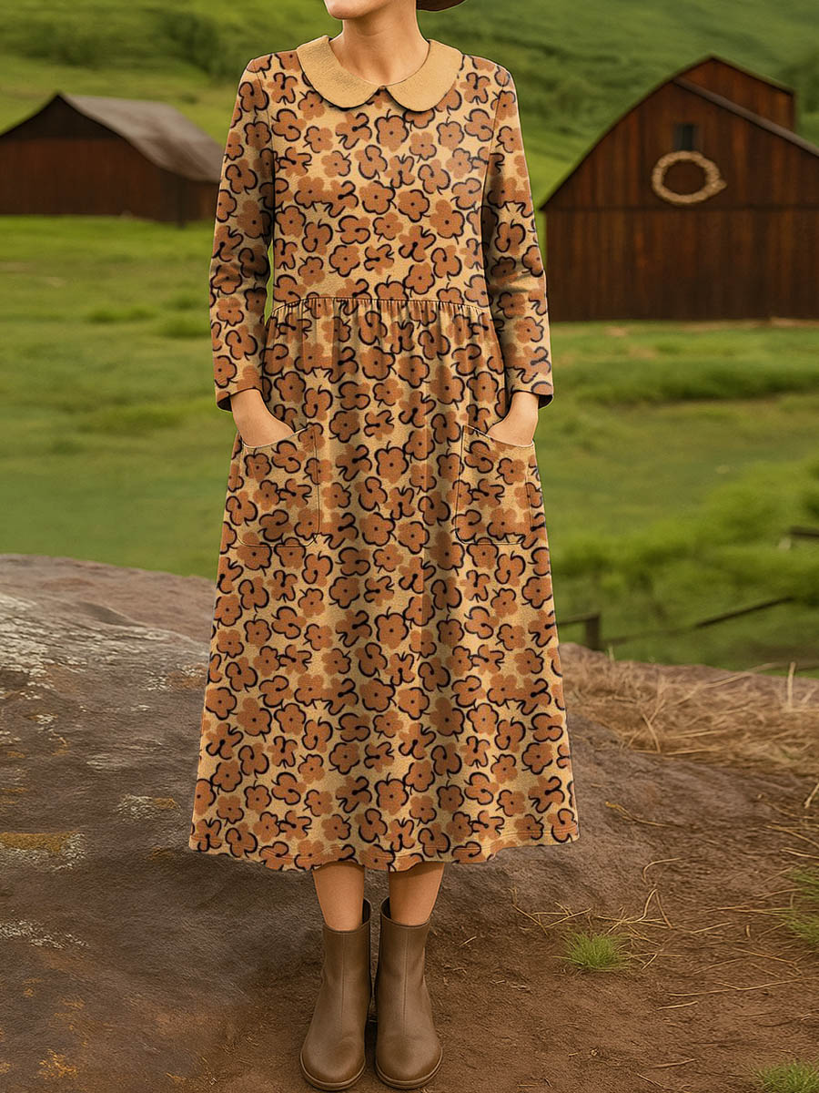 Women's Vintage Floral Art Print Cotton Lapel Shirt Dress