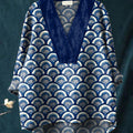 Japanese Traditional Style Geometric Pattern Printed Women's Casual Cotton And Linen V-neck Shirt