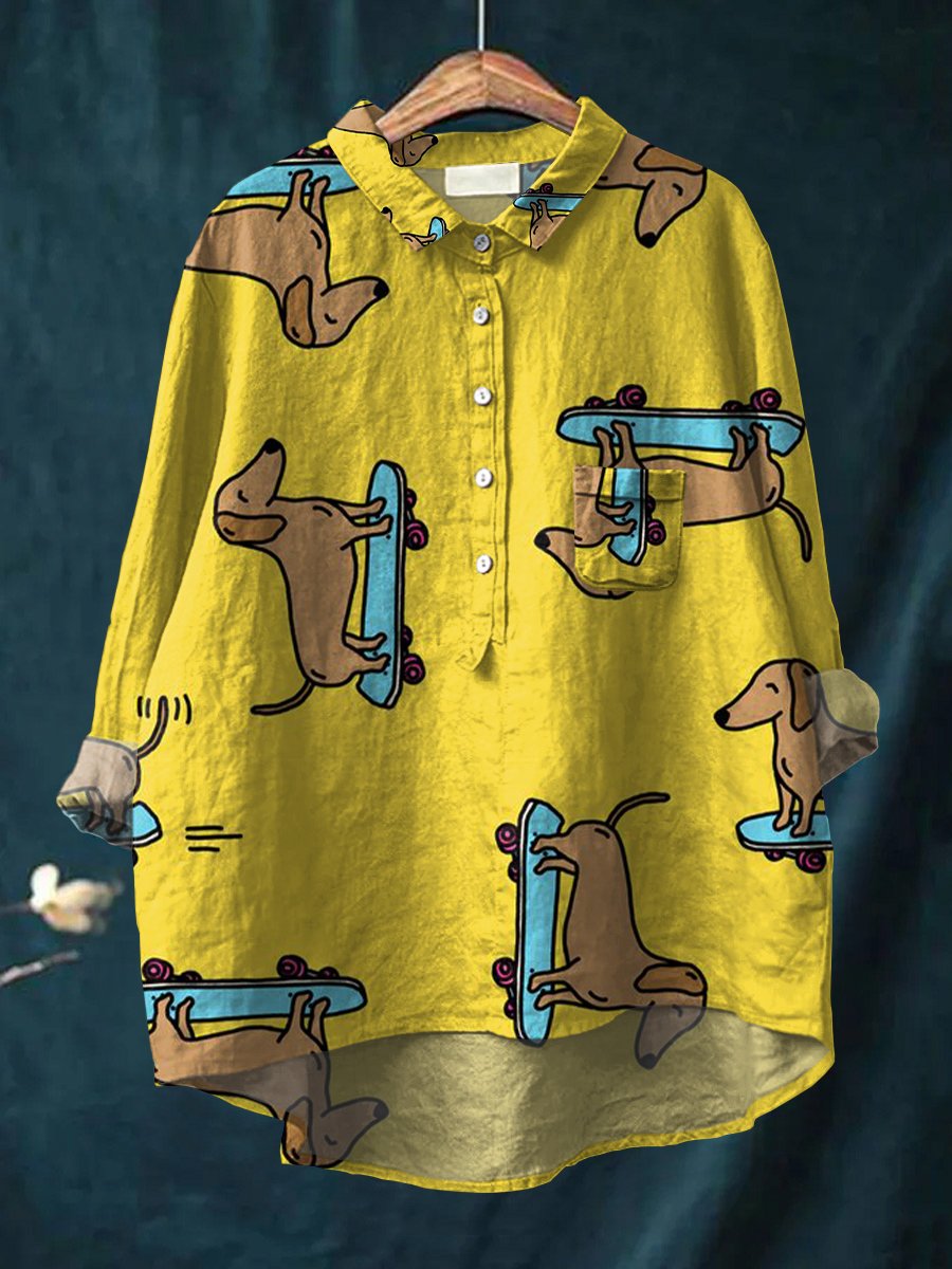 Women's Dachshund Art Print Casual Cotton And Linen Shirt