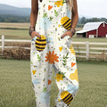 Damen-Jumpsuit mit Vintage-Bienen- und Blumenmuster, lässig, aus 100 % Baumwolle, mit weitem Bein 