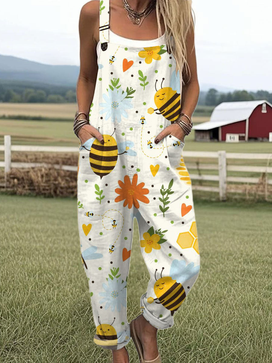 Women's  Vintage Bee Floral Art Print Casual 100% Cotton Wide Leg Jumpsuit