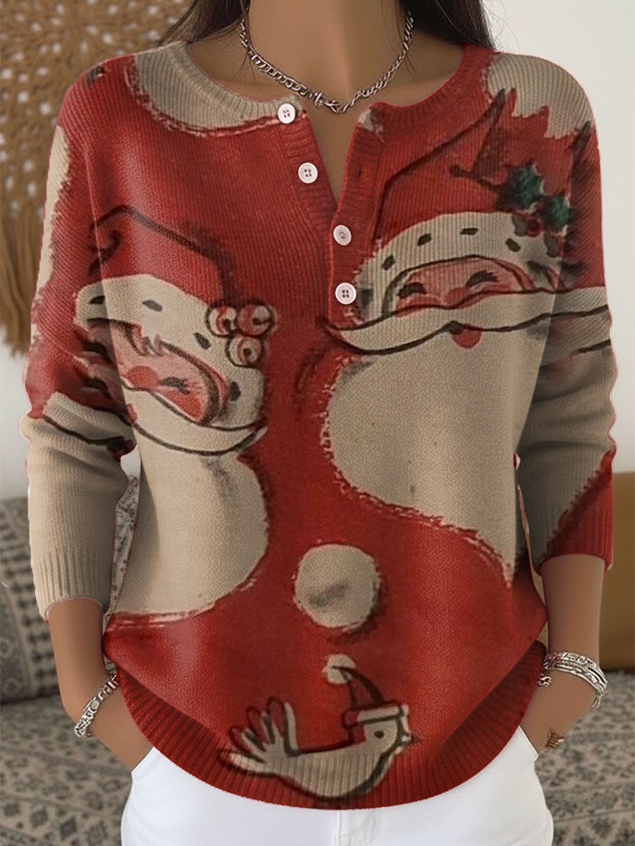 Vintage Christmas Santa  Art Print Buttoned Cardigan Sweater