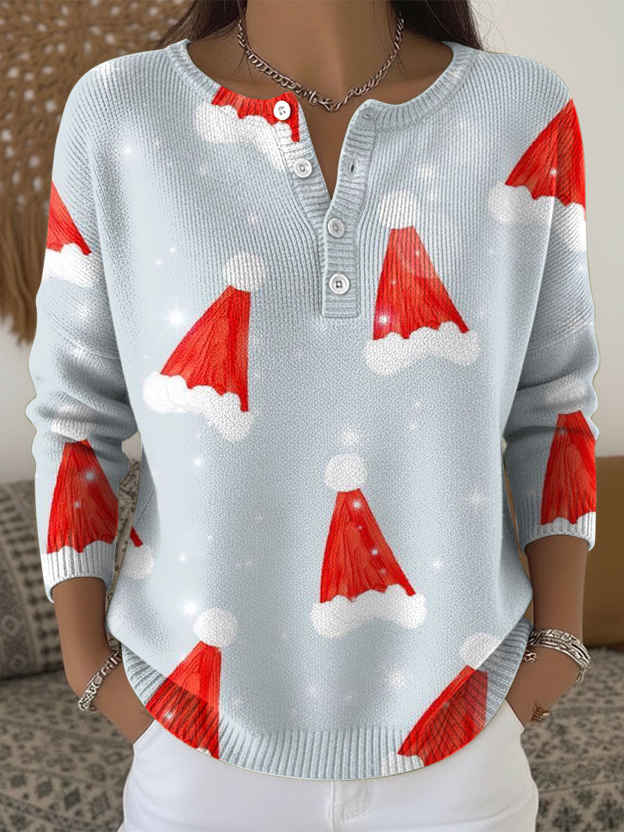 Women's Christmas Santa Hat Snowflakes Pattern Art Print Buttoned Cardigan Sweater