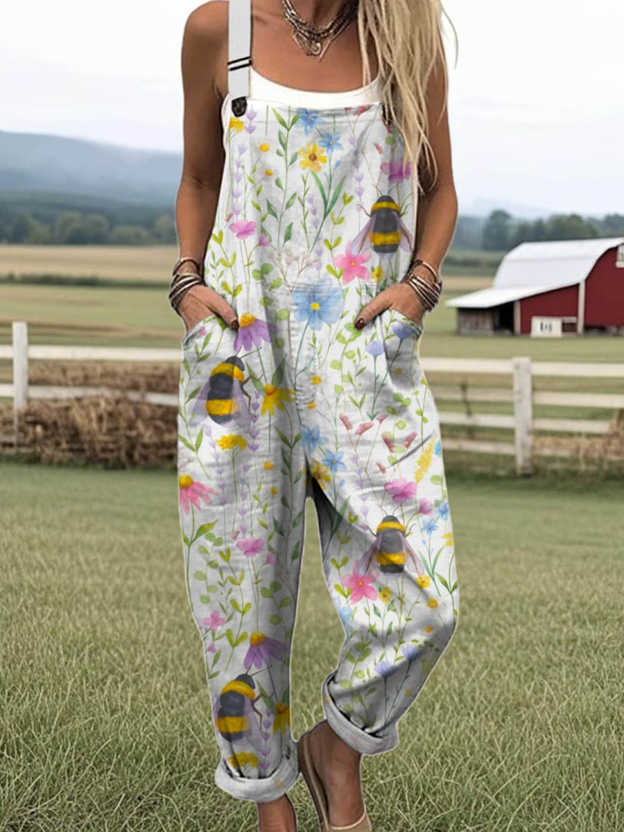 Women's Lovely Floral Bees Art Print Casual 100% Cotton Wide Leg Jumpsuit