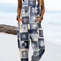 Women's Vintage Abstract Patchwork Flowers Art Print Casual 100% Cotton Wide Leg Jumpsuit