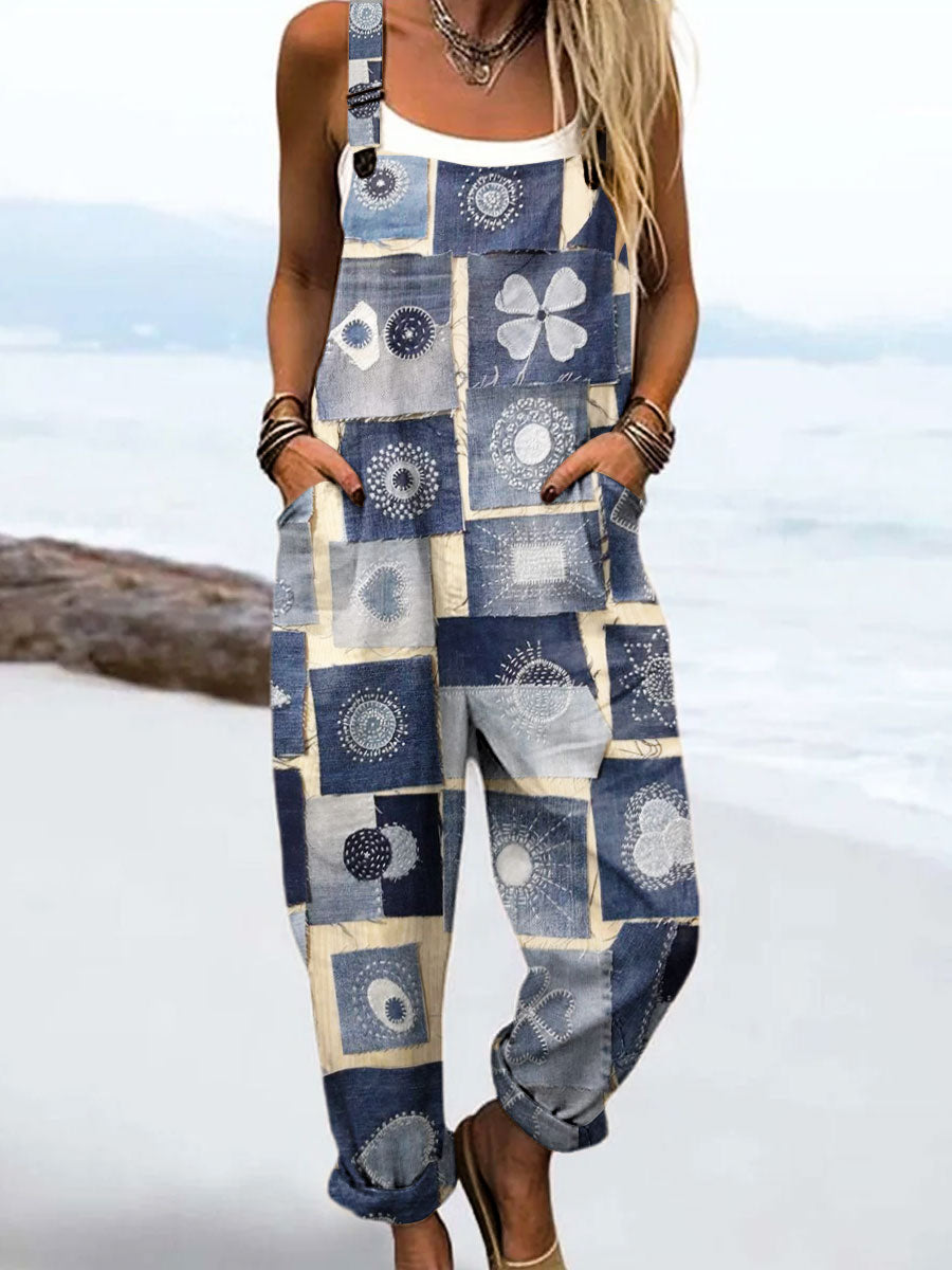 Women's Vintage Abstract Patchwork Flowers Art Print Casual 100% Cotton Wide Leg Jumpsuit