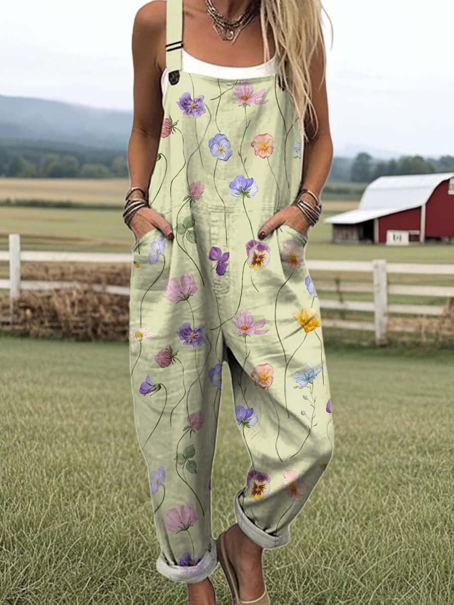 Women's Lovely Floral Art Print Casual 100% Cotton Wide Leg Jumpsuit