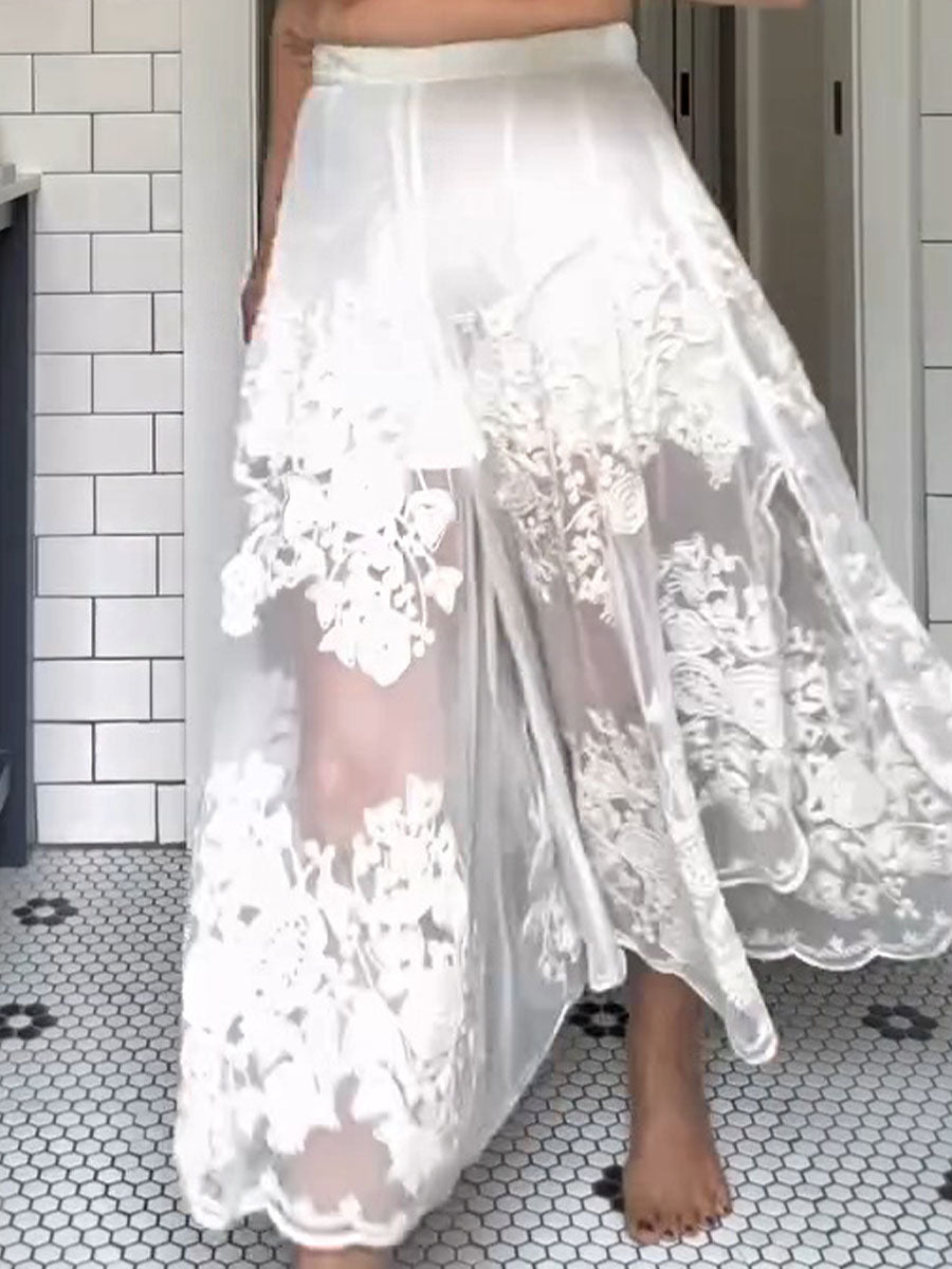 Women's Solid Color Elastic Waist A-Line Lace Embroidery Skirt