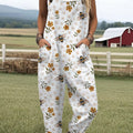 Damen-Jumpsuit mit Vintage-Bienen- und Blumenmuster, lässig, aus 100 % Baumwolle, mit weitem Bein 